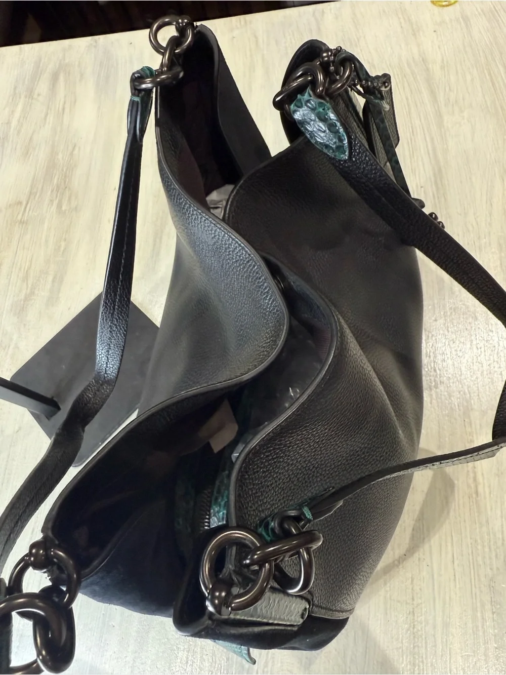Coach Dalton 31 Black Shoulder Bag with Teal Snake-Print Strap and Suede